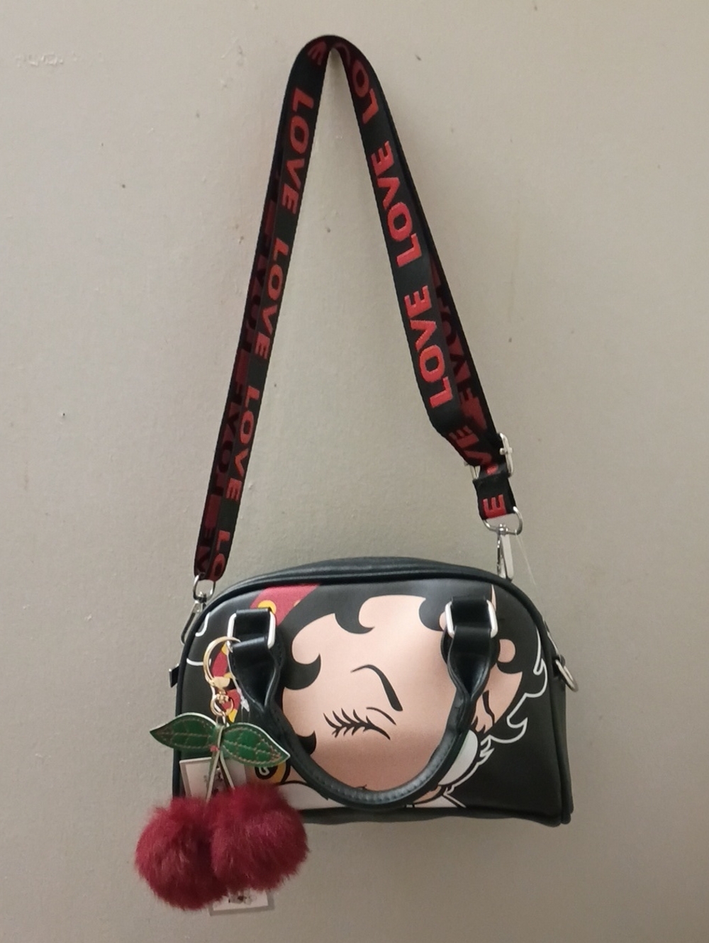 Betty Boop Black, Pink & Red Crossbody Dome Bag with Pom Charm